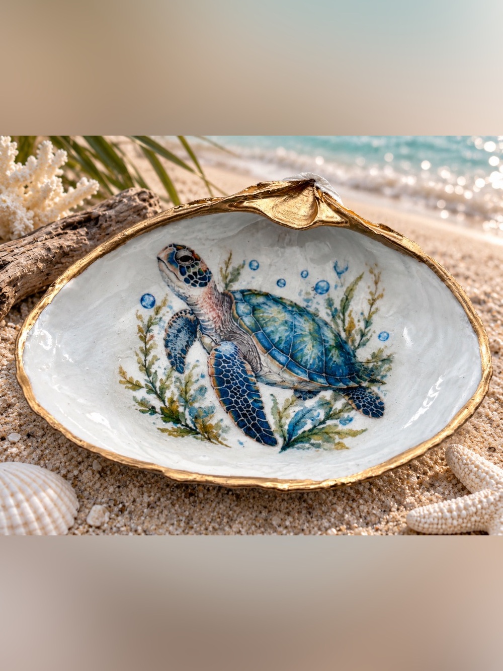 Hand-Painted Sea Turtle Decorative Shell Bowl - Blue and Green